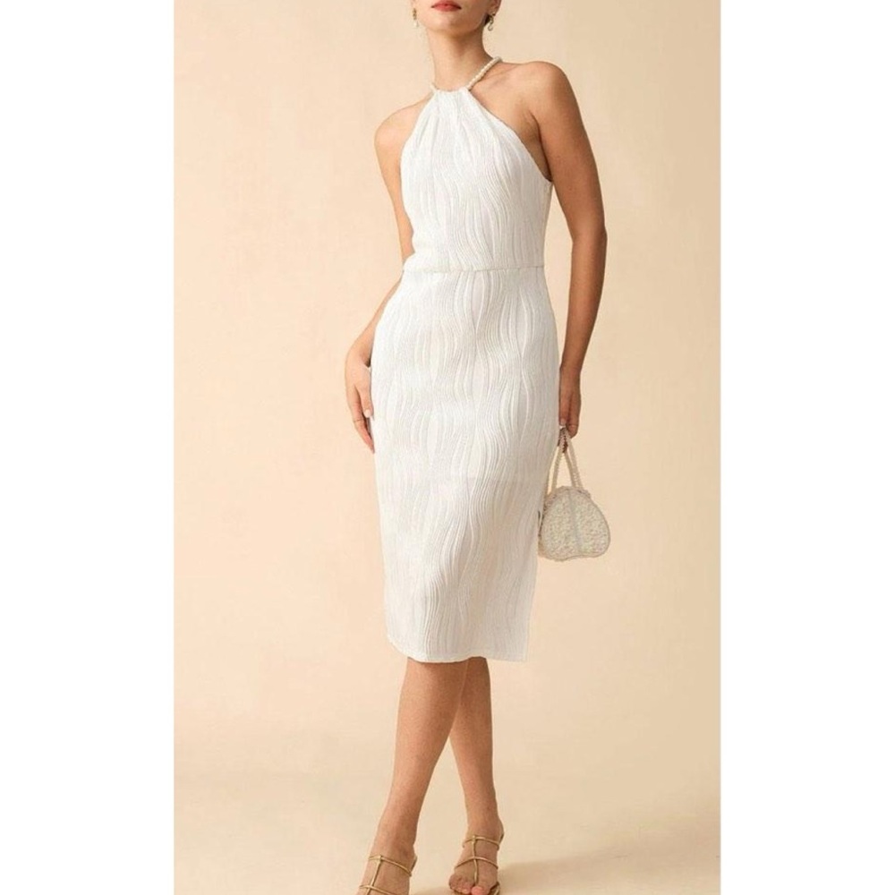 Rihoas white pearl halter dress with water ripple texture